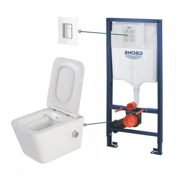 Set vas wc suspendat cu functie bideu alb si baterie inclusa crom Foglia Safari, rezervor wc incastrat si clapeta din sticla alba, Grohe imagine