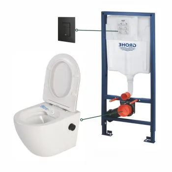 Set vas wc suspendat cu functie bideu alb si baterie inclusa negru mat Foglia Oslo, rezervor Grohe Solido 3 in 1 cu clapeta neagru mat Even imagine