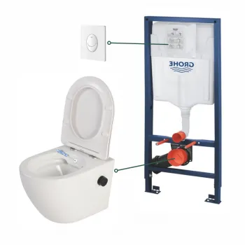 Set vas wc suspendat cu functie bideu alb si baterie inclusa negru mat Foglia Oslo, rezervor wc incastrat si clapeta alb lucios, Grohe imagine