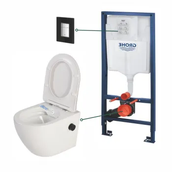 Set vas wc suspendat cu functie bideu alb si baterie inclusa negru mat Foglia Oslo, rezervor wc si clapeta neagra din sticla, Grohe imagine