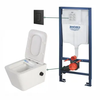Set vas wc suspendat cu functie bideu alb si baterie inclusa negru mat Foglia Safari, rezervor Grohe Solido 3 in 1 cu clapeta neagru mat Even imagine