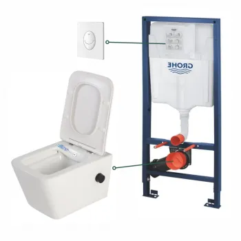 Set vas wc suspendat cu functie bideu alb si baterie inclusa negru mat Foglia Safari, rezervor wc incastrat si clapeta alb lucios, Grohe imagine