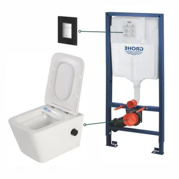 Set vas wc suspendat cu functie bideu alb si baterie inclusa negru mat Foglia Safari, rezervor wc si clapeta neagra din sticla, Grohe imagine