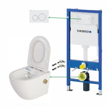 Set vas wc suspendat cu functie bideu si baterie auriu mat Foglia Oslo, rezervor incastrat si clapeta alb lucios, Geberit Delta imagine