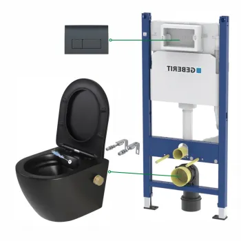 Set vas wc suspendat cu functie bideu si baterie auriu mat Foglia Oslo, rezervor incastrat si clapeta negru lucios, Geberit Delta imagine