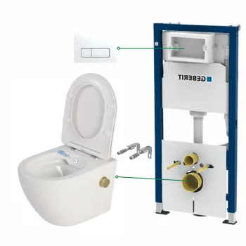 Set vas wc suspendat cu functie bideu si baterie auriu mat Foglia Oslo, rezervor wc incastrat si clapeta alb alpin, Geberit Delta 51 imagine