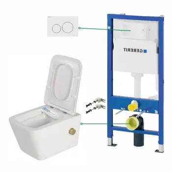 Set vas wc suspendat cu functie bideu si baterie auriu mat Foglia Safari, rezervor incastrat si clapeta alb lucios, Geberit Delta imagine