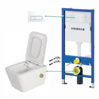 Set vas wc suspendat cu functie bideu si baterie auriu mat Foglia Safari, rezervor wc incastrat si clapeta alb alpin, Geberit Delta 51 imagine