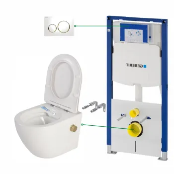 Set vas wc suspendat cu functie bideu si baterie auriu mat inclusa Foglia Oslo, rezervor wc incastrat si clapeta alb lucios, Geberit Sigma imagine