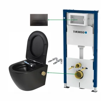 Set vas wc suspendat cu functie bideu si baterie auriu mat inclusa Foglia Oslo, rezervor wc incastrat si clapeta negru lucios Geberit Duofix imagine