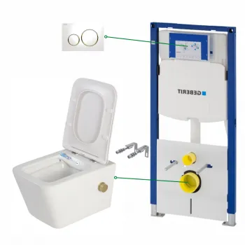 Set vas wc suspendat cu functie bideu si baterie auriu mat inclusa Foglia Safari, rezervor wc incastrat si clapeta alb lucios, Geberit Sigma imagine