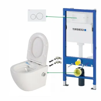 Set vas wc suspendat cu functie bideu si baterie crom Foglia Oslo, rezervor incastrat si clapeta alb lucios, Geberit Delta imagine