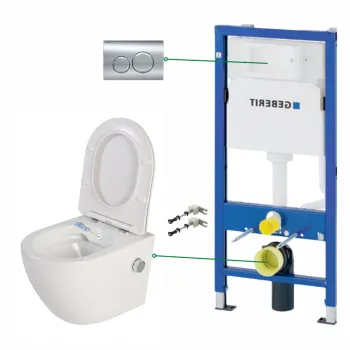 Set vas wc suspendat cu functie bideu si baterie crom Foglia Oslo, rezervor incastrat si clapeta crom lucios, Geberit Delta imagine