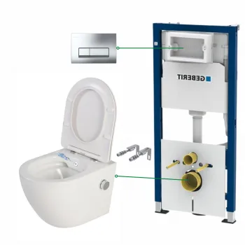 Set vas wc suspendat cu functie bideu si baterie crom Foglia Oslo, rezervor wc incastrat si clapeta crom lucios, Geberit Delta 51 imagine