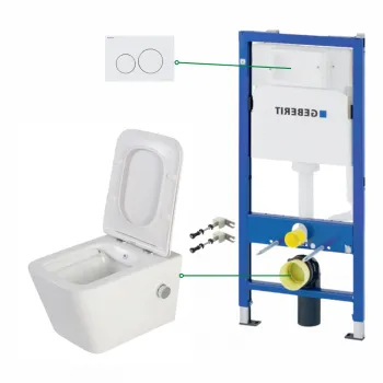 Set vas wc suspendat cu functie bideu si baterie crom Foglia Safari, rezervor incastrat si clapeta alb lucios, Geberit Delta imagine