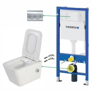 Set vas wc suspendat cu functie bideu si baterie crom Foglia Safari, rezervor incastrat si clapeta crom lucios, Geberit Delta imagine