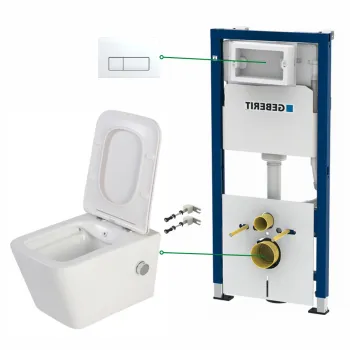 Set vas wc suspendat cu functie bideu si baterie crom Foglia Safari, rezervor wc incastrat si clapeta alb alpin, Geberit Delta 51 imagine