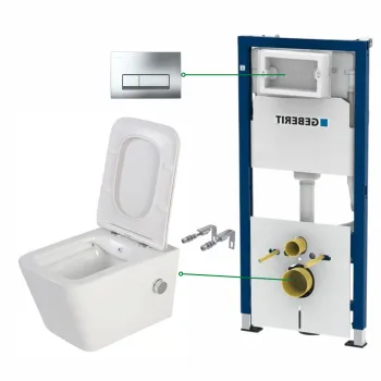 Set vas wc suspendat cu functie bideu si baterie crom Foglia Safari, rezervor wc incastrat si clapeta crom lucios, Geberit Delta 51 imagine