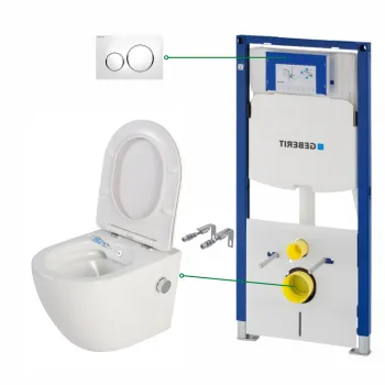 Set vas wc suspendat cu functie bideu si baterie crom inclusa Foglia Oslo, rezervor wc incastrat si clapeta alb lucios, Geberit Sigma imagine