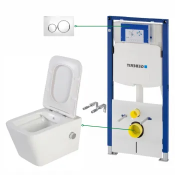 Set vas wc suspendat cu functie bideu si baterie crom inclusa Foglia Safari, rezervor wc incastrat si clapeta alb lucios, Geberit Sigma imagine