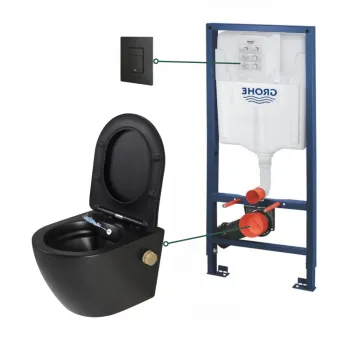 Set vas wc suspendat cu functie bideu si baterie inclusa auriu mat Foglia Oslo, rezervor incastrat Grohe Solido 3 in 1 imagine