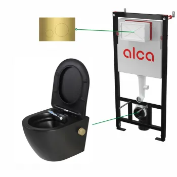 Set vas wc suspendat cu functie bideu si baterie inclusa auriu mat Foglia Oslo, rezervor incastrat si clapeta alama periata, Alcadrain imagine