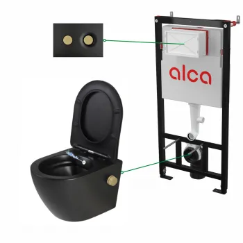 Set vas wc suspendat cu functie bideu si baterie inclusa auriu mat Foglia Oslo, rezervor incastrat si clapeta negru mat cu butoane aurii, Alcadrain imagine