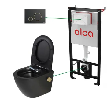 Set vas wc suspendat cu functie bideu si baterie inclusa auriu mat Foglia Oslo, rezervor incastrat si clapeta negru mat cu detalii aurii, Alcadrain imagine