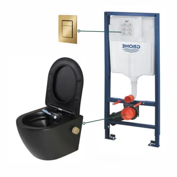 Set vas wc suspendat cu functie bideu si baterie inclusa auriu mat Foglia Oslo, rezervor wc incastrat si clapeta auriu periat, Grohe imagine