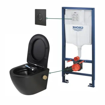 Set vas wc suspendat cu functie bideu si baterie inclusa auriu mat Foglia Oslo, rezervor wc incastrat si clapeta negru mat, Grohe imagine