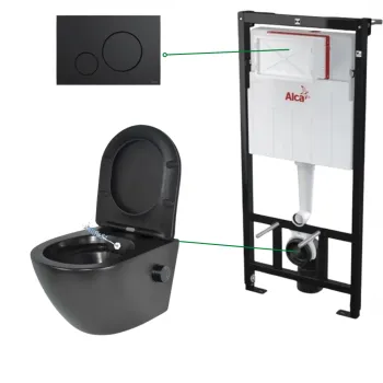 Set vas wc suspendat cu functie bideu si baterie inclusa Foglia Oslo, rezervor incastrat si clapeta negru mat, Alcadrain imagine