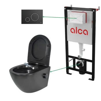 Set vas wc suspendat cu functie bideu si baterie inclusa Foglia Oslo, rezervor incastrat si clapeta negru mat cu detalii argintii, Alcadrain imagine