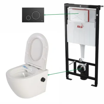 Set vas wc suspendat cu functie bideu si baterie inclusa Foglia Oslo, rezervor incastrat si clapeta negru mat cu detalii argintii, Alcaplast imagine