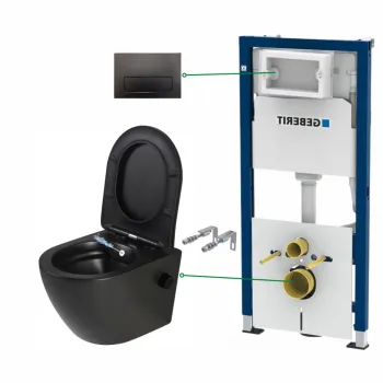 Set vas wc suspendat cu functie bideu si baterie inclusa Foglia Oslo, rezervor wc incastrat si clapeta negru lucios Geberit Duofix imagine