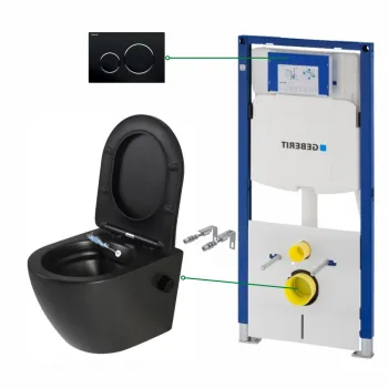 Set vas wc suspendat cu functie bideu si baterie inclusa Foglia Oslo, rezervor wc incastrat si clapeta negru lucios, Geberit Sigma imagine