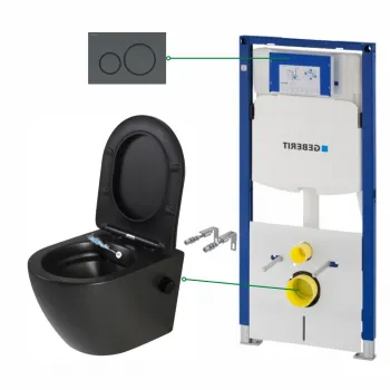 Set vas wc suspendat cu functie bideu si baterie inclusa Foglia Oslo, rezervor wc incastrat si clapeta negru mat, Geberit Sigma imagine