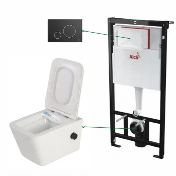 Set vas wc suspendat cu functie bideu si baterie inclusa Foglia Safari, rezervor incastrat si clapeta negru mat cu detalii argintii, Alcaplast imagine