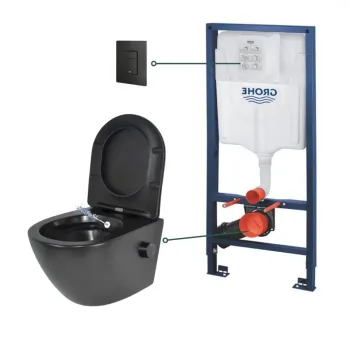 Set vas wc suspendat cu functie bideu si baterie inclusa negru mat Foglia Oslo, rezervor incastrat Grohe Solido 3 in 1 imagine