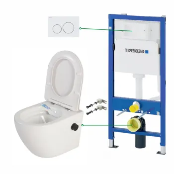 Set vas wc suspendat cu functie bideu si baterie negru mat Foglia Oslo, rezervor incastrat si clapeta alb lucios, Geberit Delta imagine