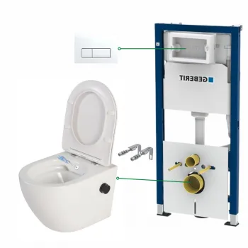 Set vas wc suspendat cu functie bideu si baterie negru mat Foglia Oslo, rezervor wc incastrat si clapeta alb alpin, Geberit Delta 51 imagine