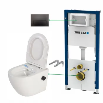 Set vas wc suspendat cu functie bideu si baterie negru mat Foglia Oslo, rezervor wc incastrat si clapeta negru lucios Geberit Duofix imagine