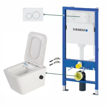 Set vas wc suspendat cu functie bideu si baterie negru mat Foglia Safari, rezervor incastrat si clapeta alb lucios, Geberit Delta imagine