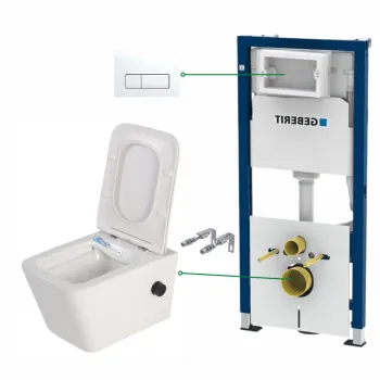 Set vas wc suspendat cu functie bideu si baterie negru mat Foglia Safari, rezervor wc incastrat si clapeta alb alpin, Geberit Delta 51 imagine