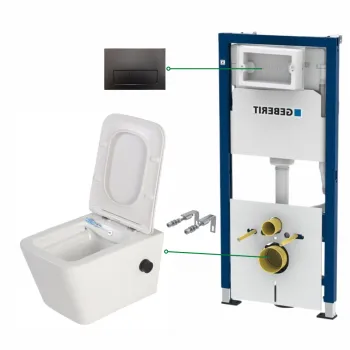 Set vas wc suspendat cu functie bideu si baterie negru mat Foglia Safari, rezervor wc incastrat si clapeta negru lucios Geberit Duofix imagine
