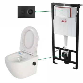 Set vas wc suspendat cu functie bideu si baterie negru mat inclusa Foglia Oslo, rezervor incastrat si clapeta negru mat, Alcaplast imagine