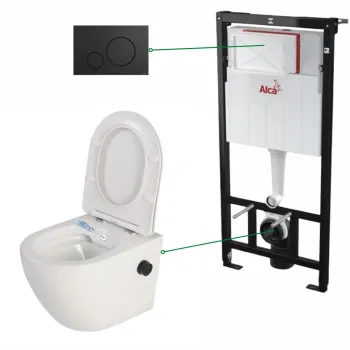 Set vas wc suspendat cu functie bideu si baterie negru mat inclusa Foglia Oslo, rezervor incastrat si clapeta negru mat, Alcaplast imagine