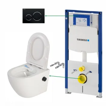 Set vas wc suspendat cu functie bideu si baterie negru mat inclusa Foglia Oslo, rezervor wc incastrat si clapeta negru lucios, Geberit Sigma imagine