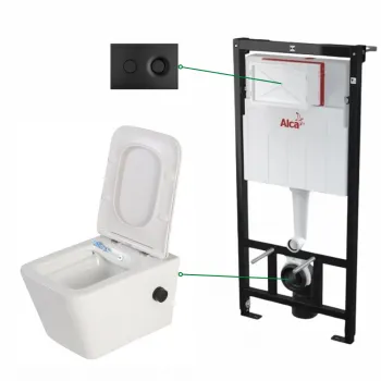 Set vas wc suspendat cu functie bideu si baterie negru mat inclusa Foglia Safari, rezervor incastrat si clapeta negru mat, Alcaplast imagine