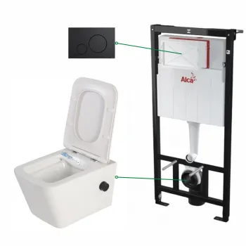 Set vas wc suspendat cu functie bideu si baterie negru mat inclusa Foglia Safari, rezervor incastrat si clapeta negru mat, Alcaplast imagine