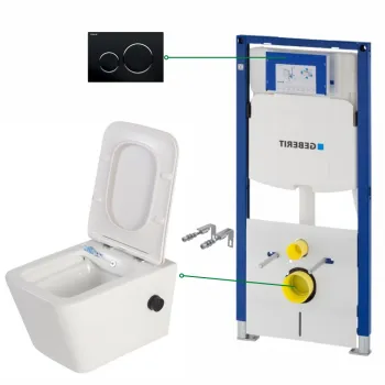 Set vas wc suspendat cu functie bideu si baterie negru mat inclusa Foglia Safari, rezervor wc incastrat si clapeta negru lucios, Geberit Sigma imagine